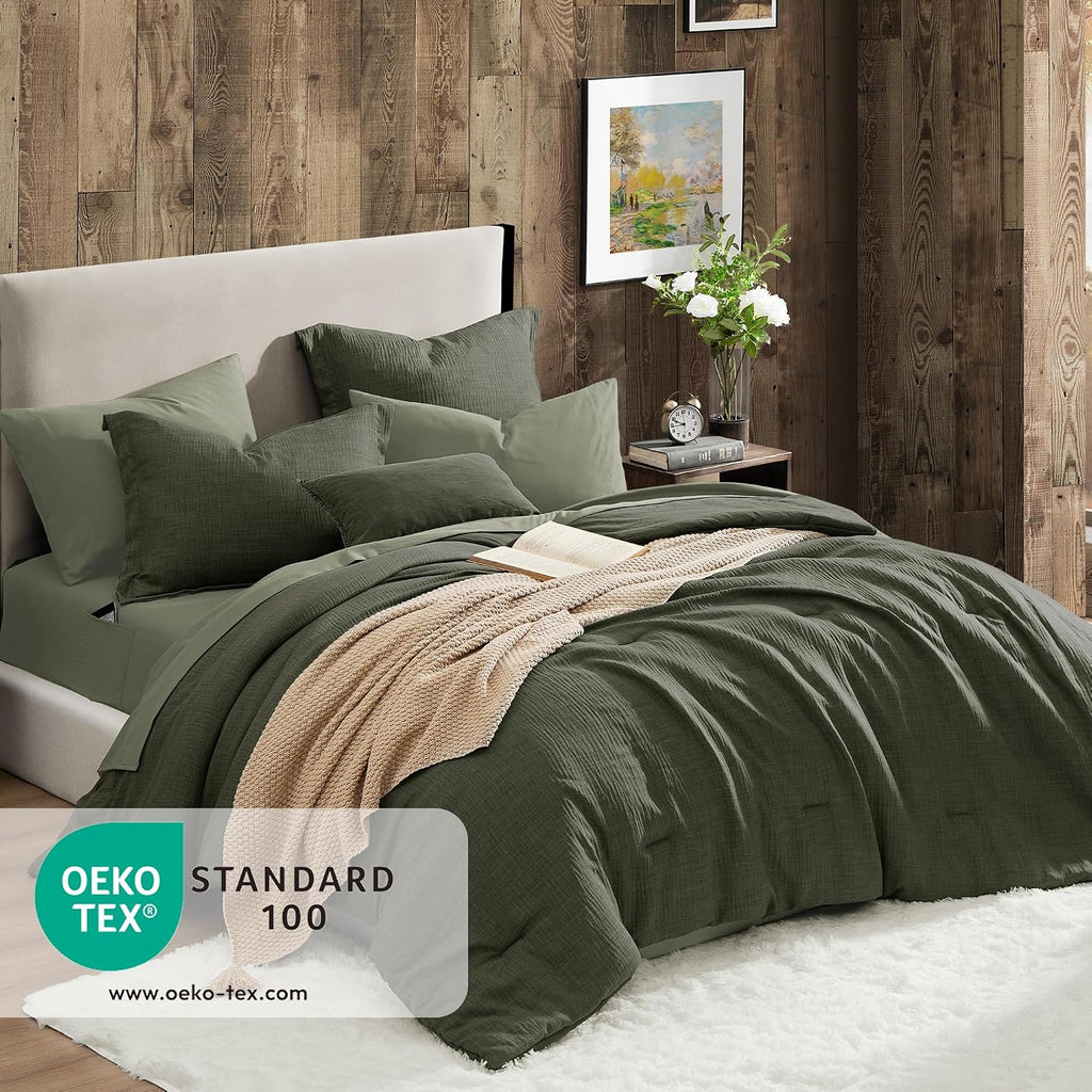 King Comforter Set - 7 Pieces Green Textured Bed in a Bag King Bedding Set