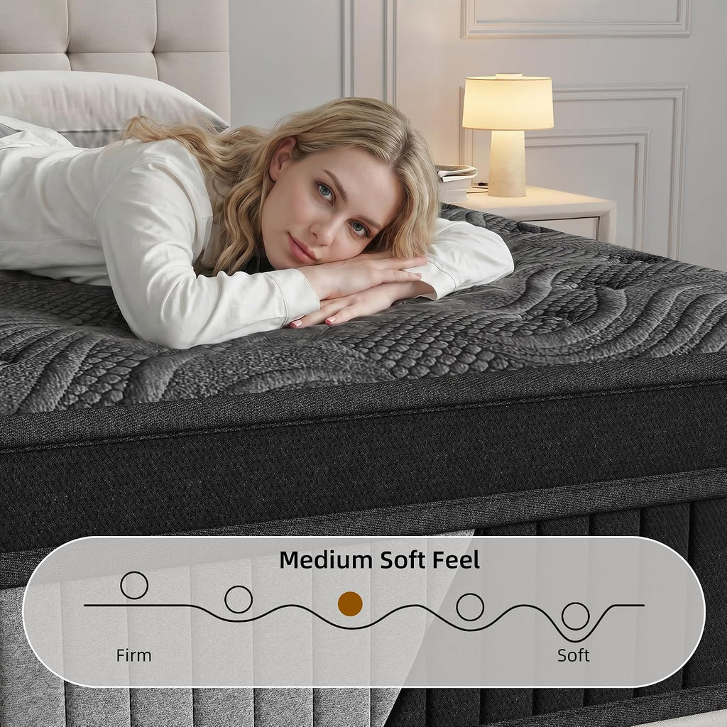 Queen Size 14 Inch Hybrid Mattress in a Box, Medium Firm Black and Gray Fabric Cover with Pocket Spring and Memory Foam - Breathable Supportive Cool Sleep for Back Side Stomach Sleepers