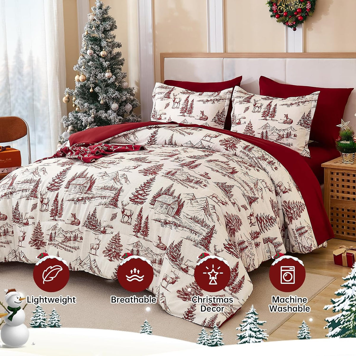 Yiran Red Christmas Comforter Set King, 7 Pieces Xmas Cabin Woods Bedding