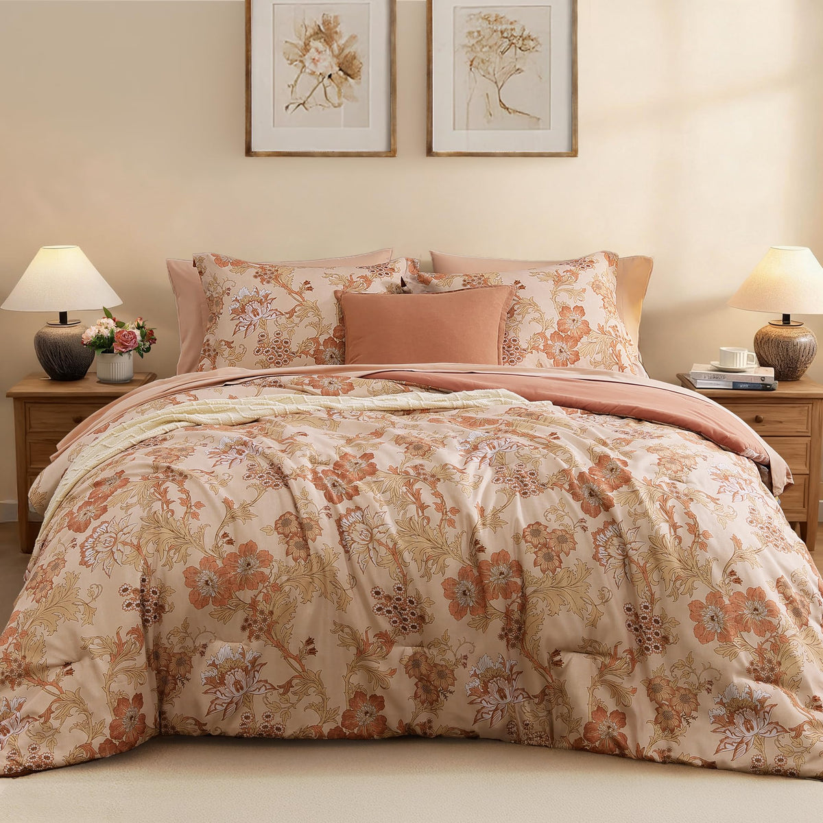BLOOMHAVEN King Size Comforter Set-7 Pieces Blue Floral Bed in a Bag King