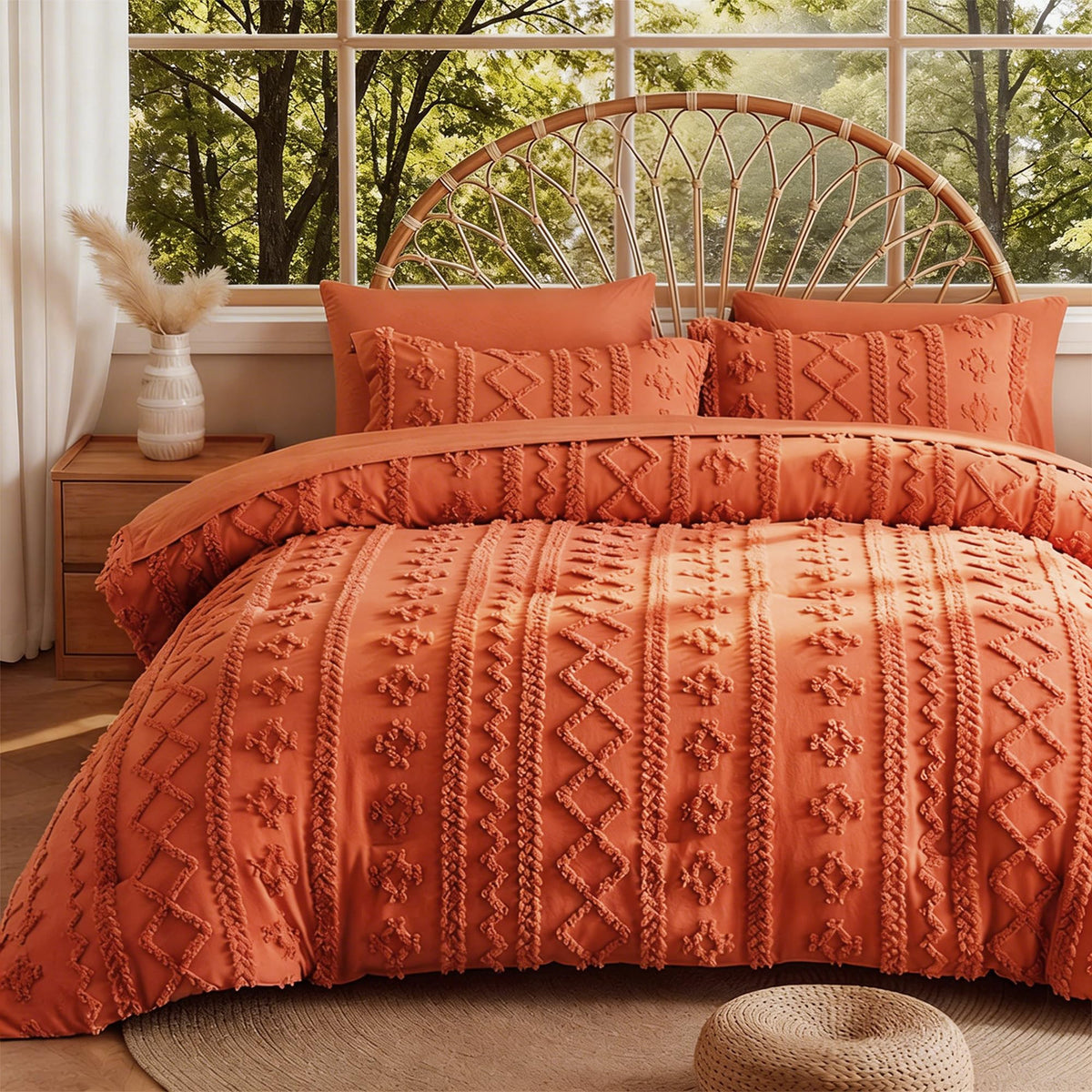 MR&HM Queen Comforter Set 7 Pieces, Fluffy Tufted Boho Beddding Set Beige