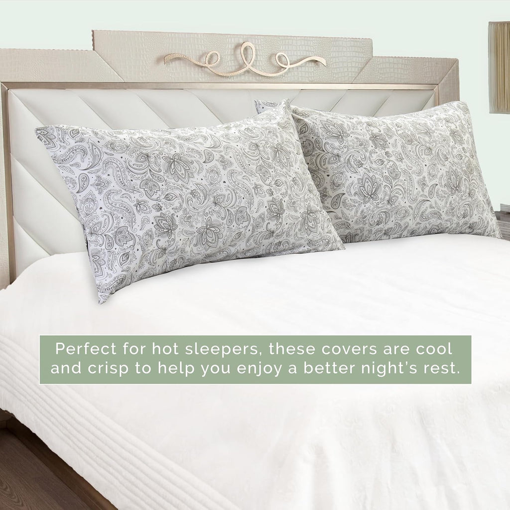Elegant Comfort Ultra Soft Set of 2 Floral Print Pillowcases - 1500 Premium Hotel Quality Microfiber, Soft and Smooth Envelope Closure 2-Piece Pillow Covers - Standard/Queen, Paisley Gray