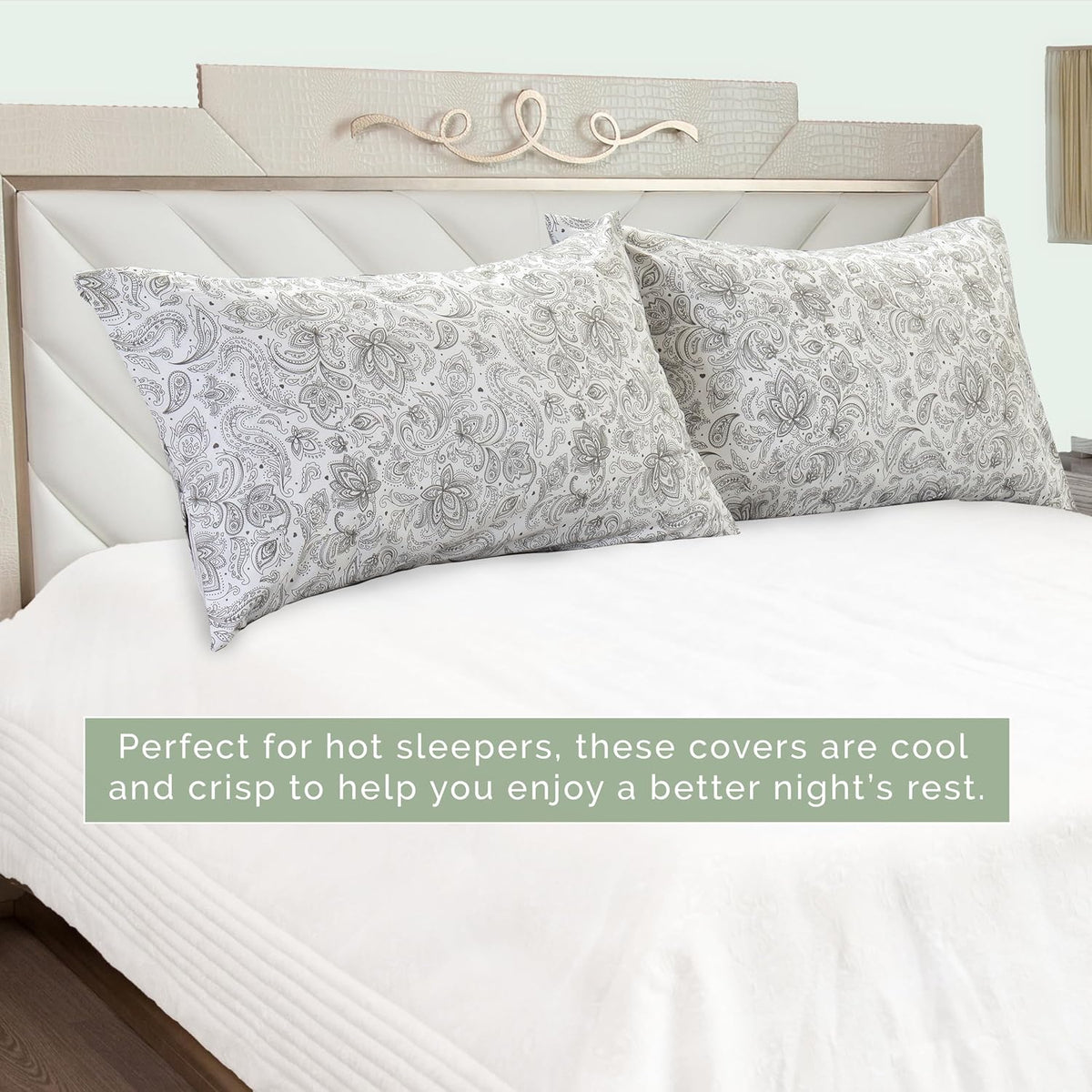 Elegant Comfort Ultra Soft Set of 2 Floral Print Pillowcases - 1500 Premium Hotel Quality Microfiber, Soft and Smooth Envelope Closure 2-Piece Pillow Covers - Standard/Queen, Paisley Gray