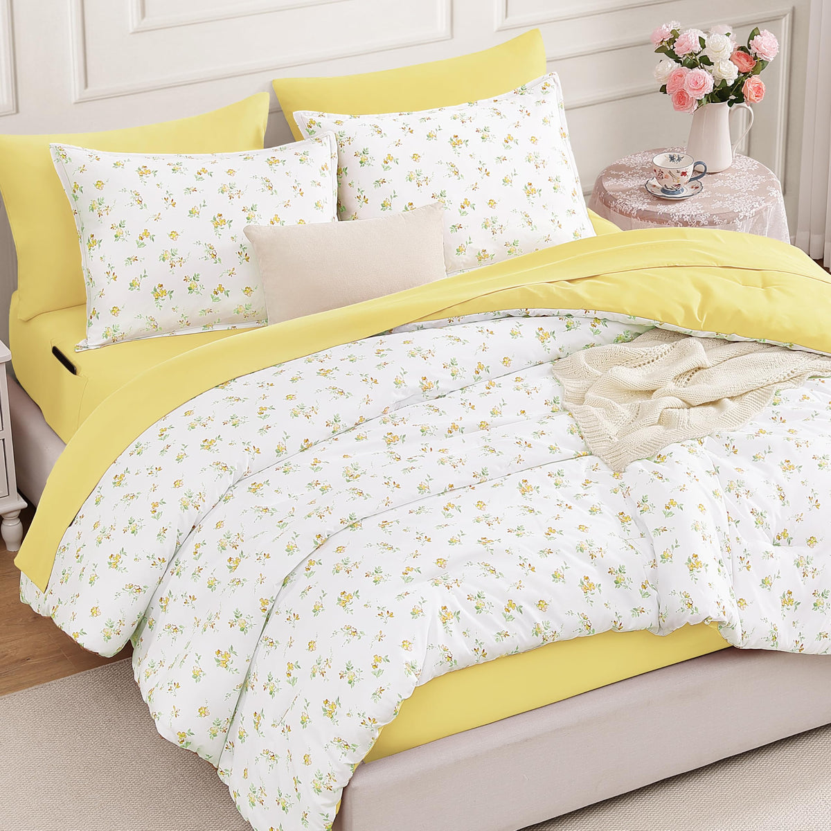 Andency Floral Full Comforter Set, 7 Pieces Cute Blue Coquette Bedding