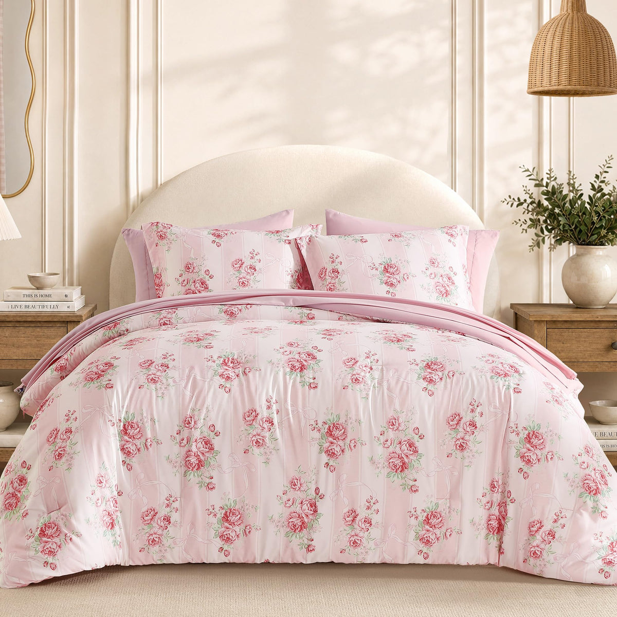 BLOOMHAVEN King Size Comforter Set-7 Pieces Blue Floral Bed in a Bag King
