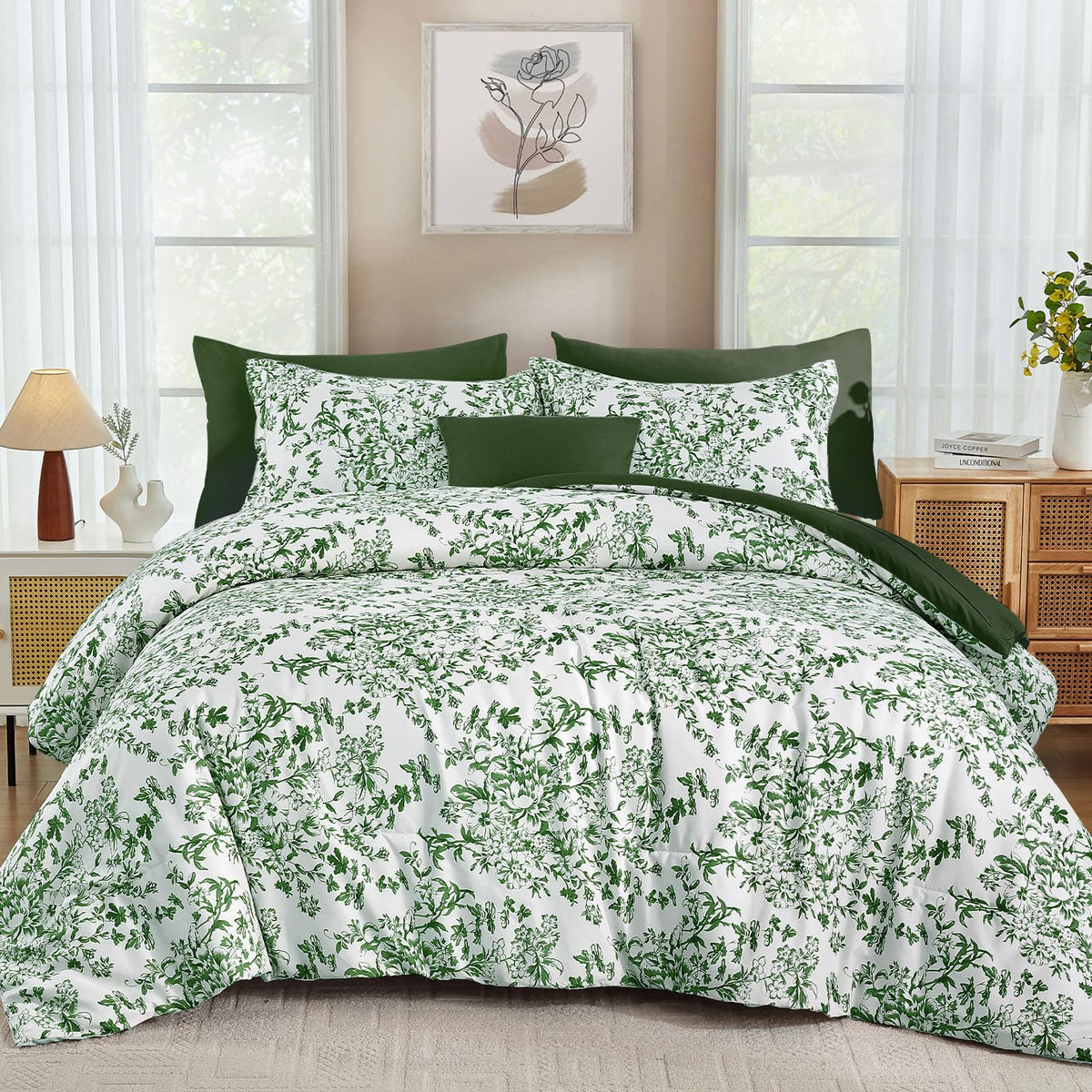 WONGS BEDDING 8 Pieces Queen Size Comforter Set Green, Sage Green Floral Bed in a Bag Comforter Sets, Soft Reversible Botanical Flowers Bedding Sets for All Season (90"x90")