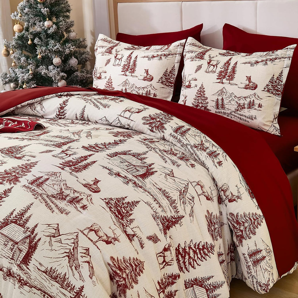 Yiran Red Christmas Comforter Set King, 7 Pieces Xmas Cabin Woods Bedding