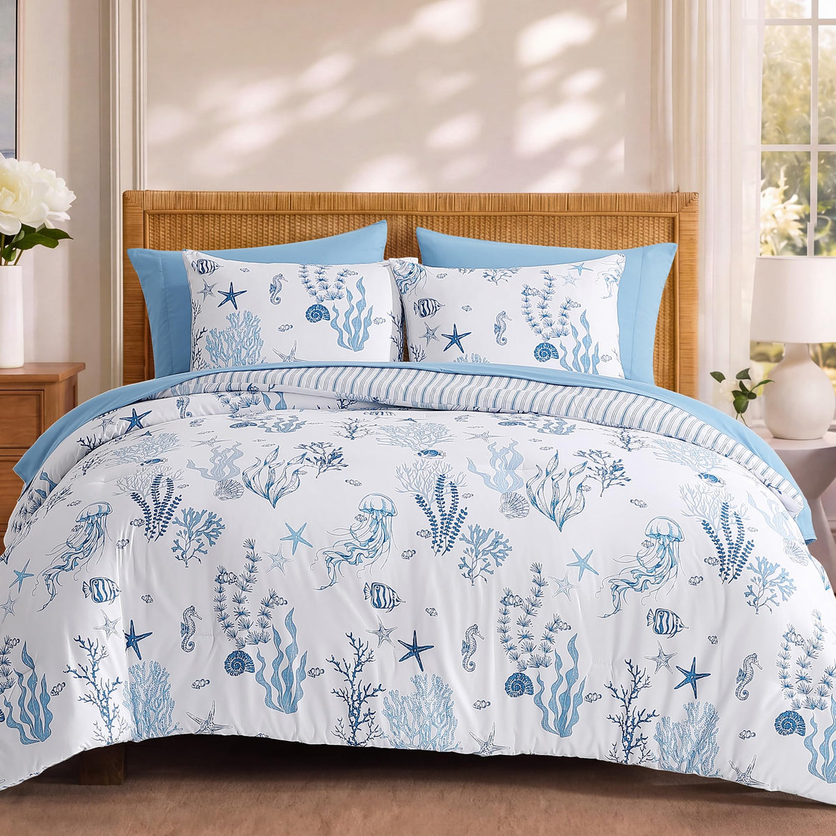 BLOOMHAVEN King Size Comforter Set-7 Pieces Blue Floral Bed in a Bag King