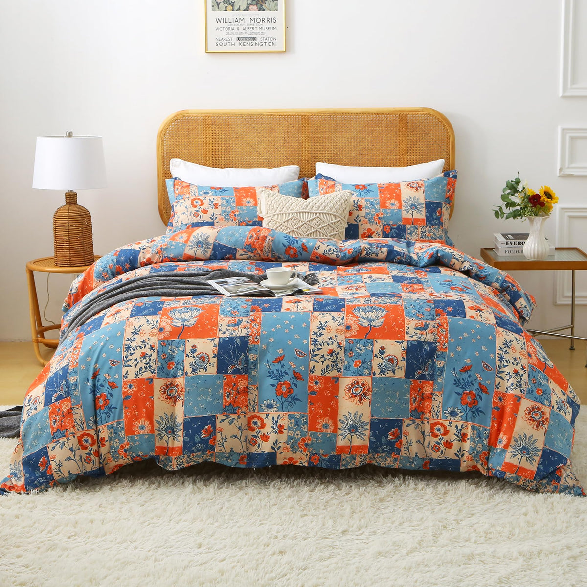 Mooreeke Floral Queen Size Comforter Sets, Lightweight Purple Lavender Botanical Printed Bedding for All Seasons, 3-Piece Vintage Bed in a Bag with Fluffy Quilted Reversible Comforter & 2 Pillow Shams