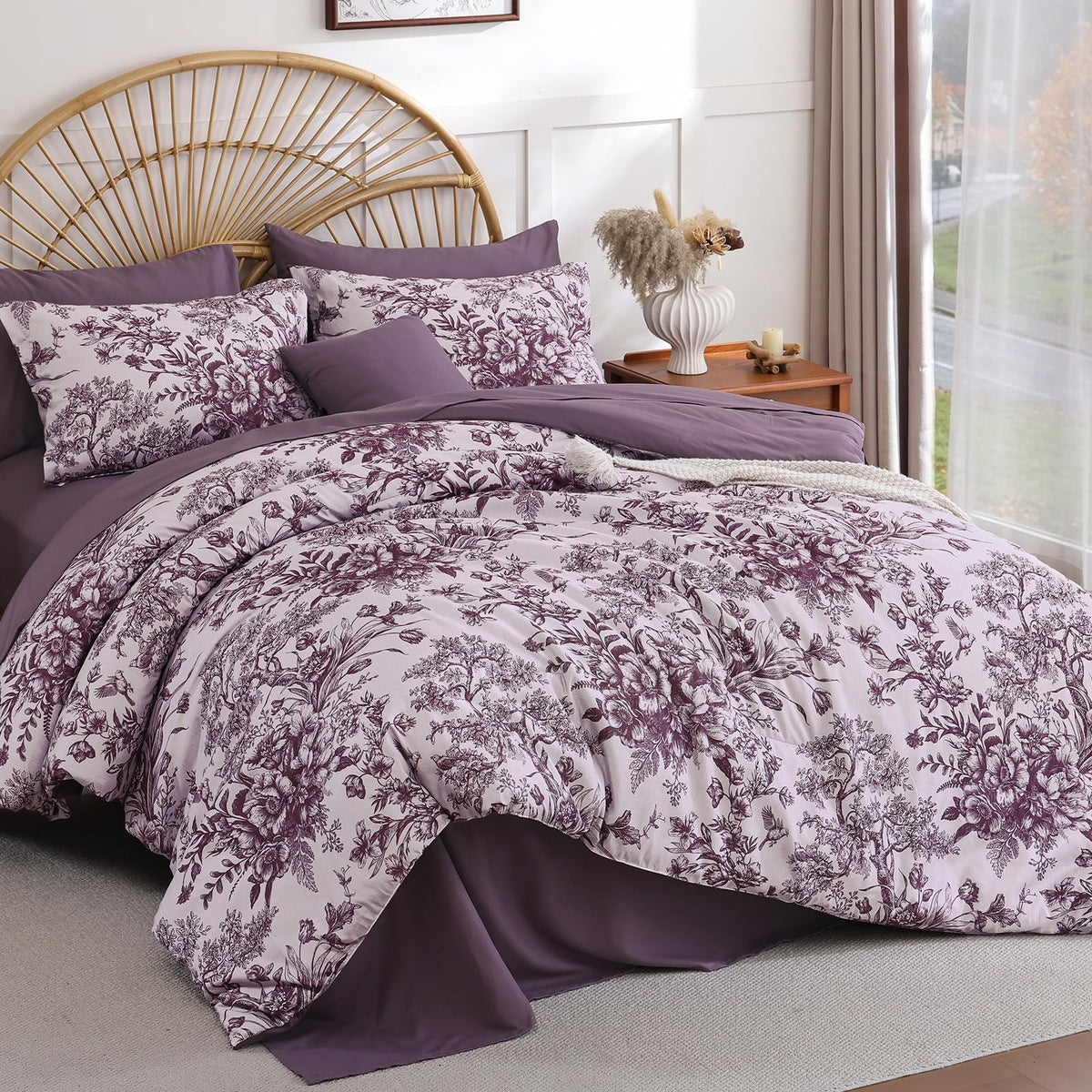 Queen Comforter Set 8 Pieces, Floral Comforter Set Blue, Bed in a Bag Queen