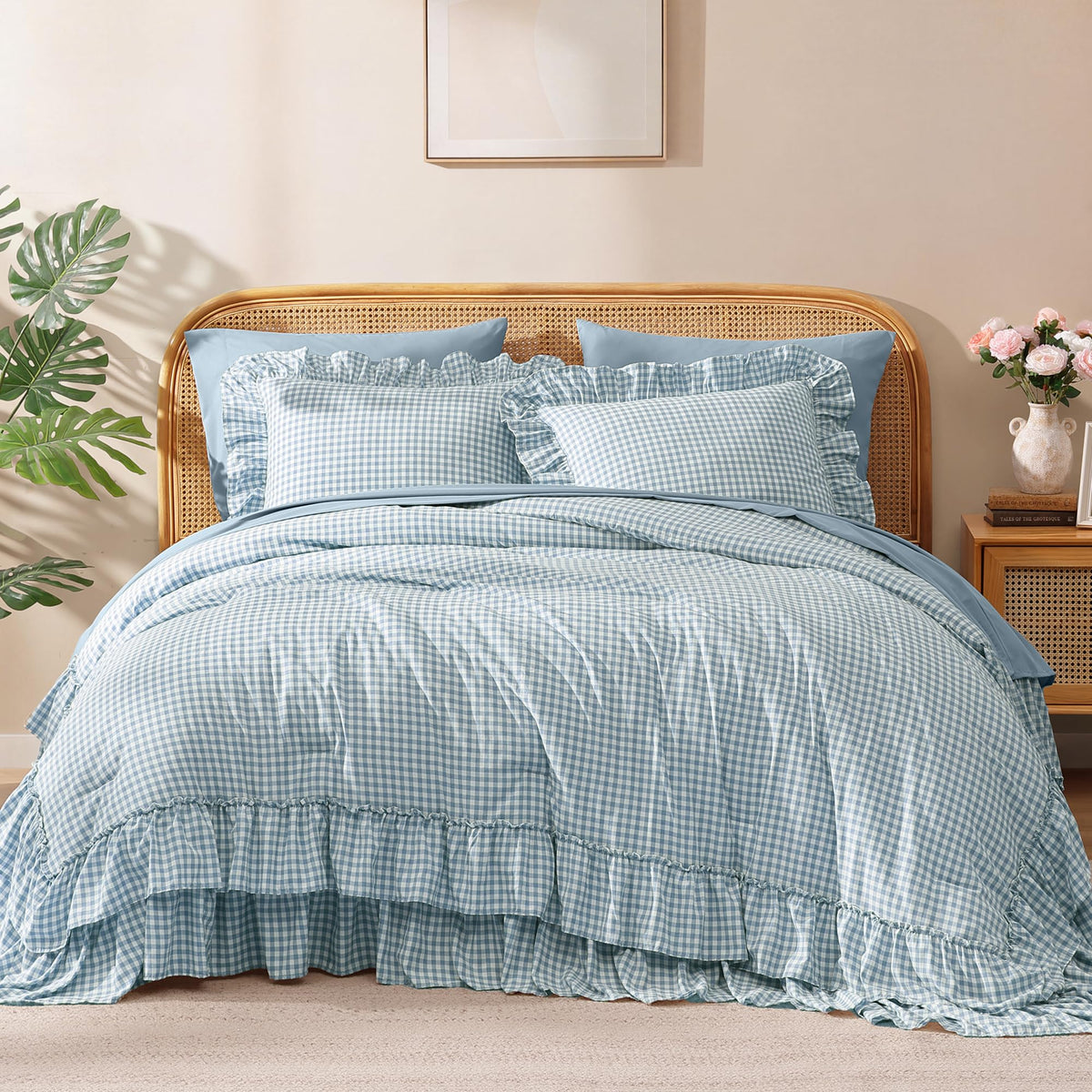 AMBERSPACE Queen Comforter Set White Ruffle 7 Pieces Farmhouse Bed in a Bag