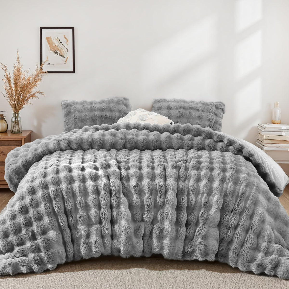 YIKUSH Queen Faux Fur Soft Comforter Set, Fluffy Linen Rabbit Fur Comforter