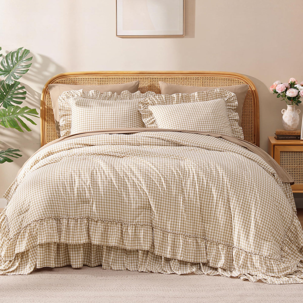 King Comforter Set Whisper White Ruffle 7 Pieces Farmhouse Bed in a Bag