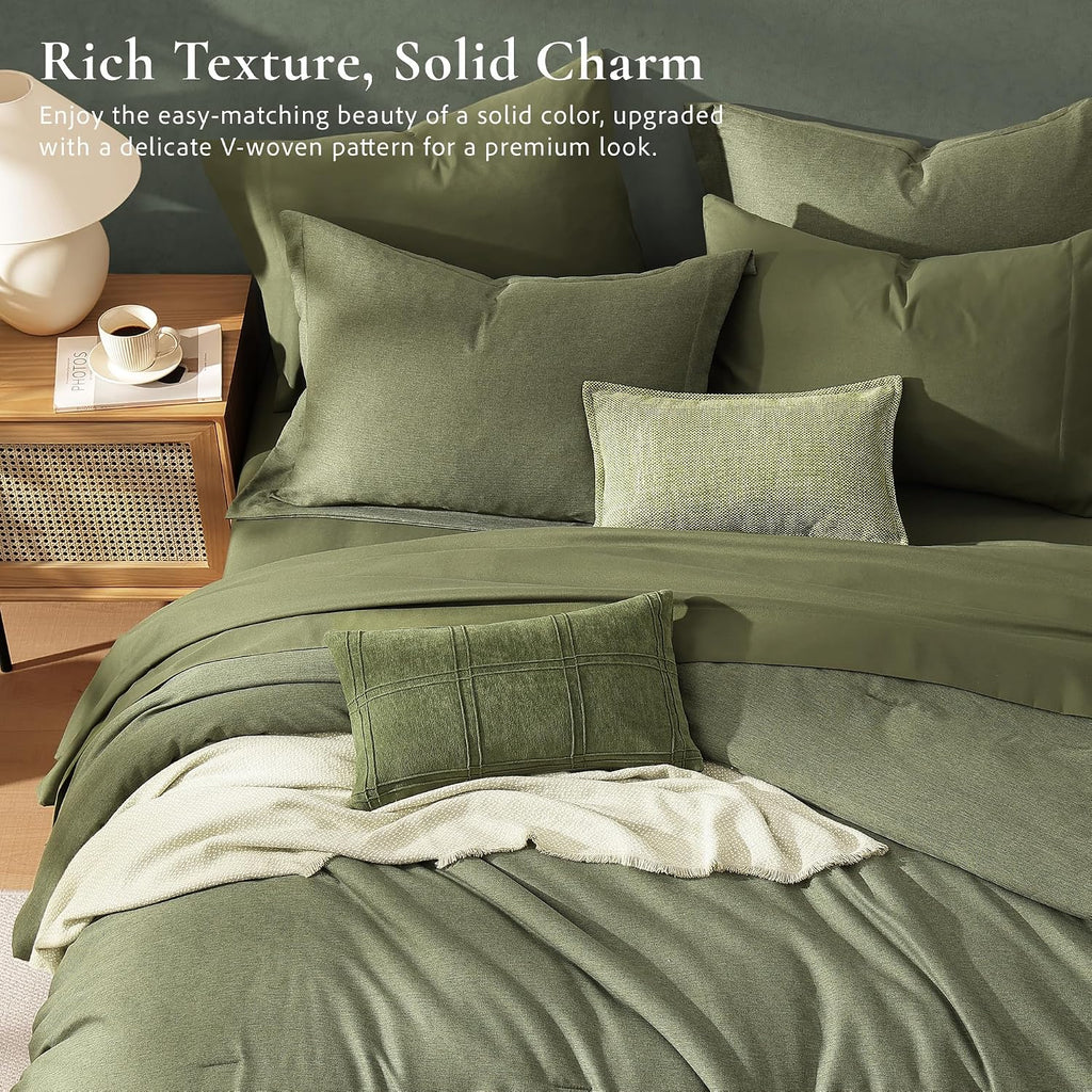 King Bedding Set - 7 Pieces Green Comforter Set King Size Soft Bed in a Bag