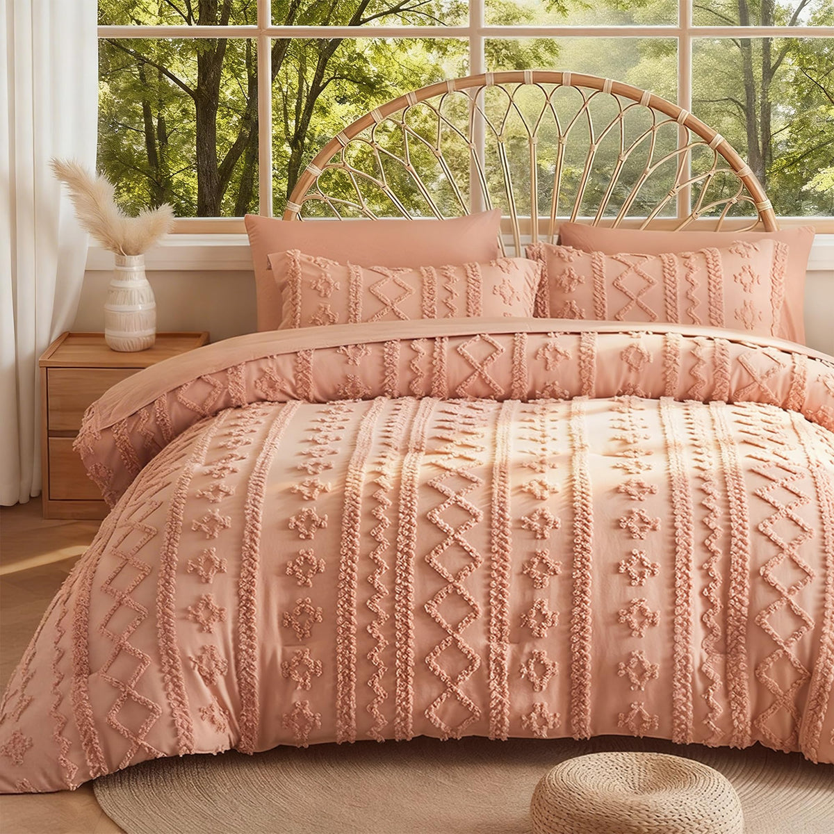 MR&HM Queen Comforter Set 7 Pieces, Fluffy Tufted Boho Beddding Set Beige