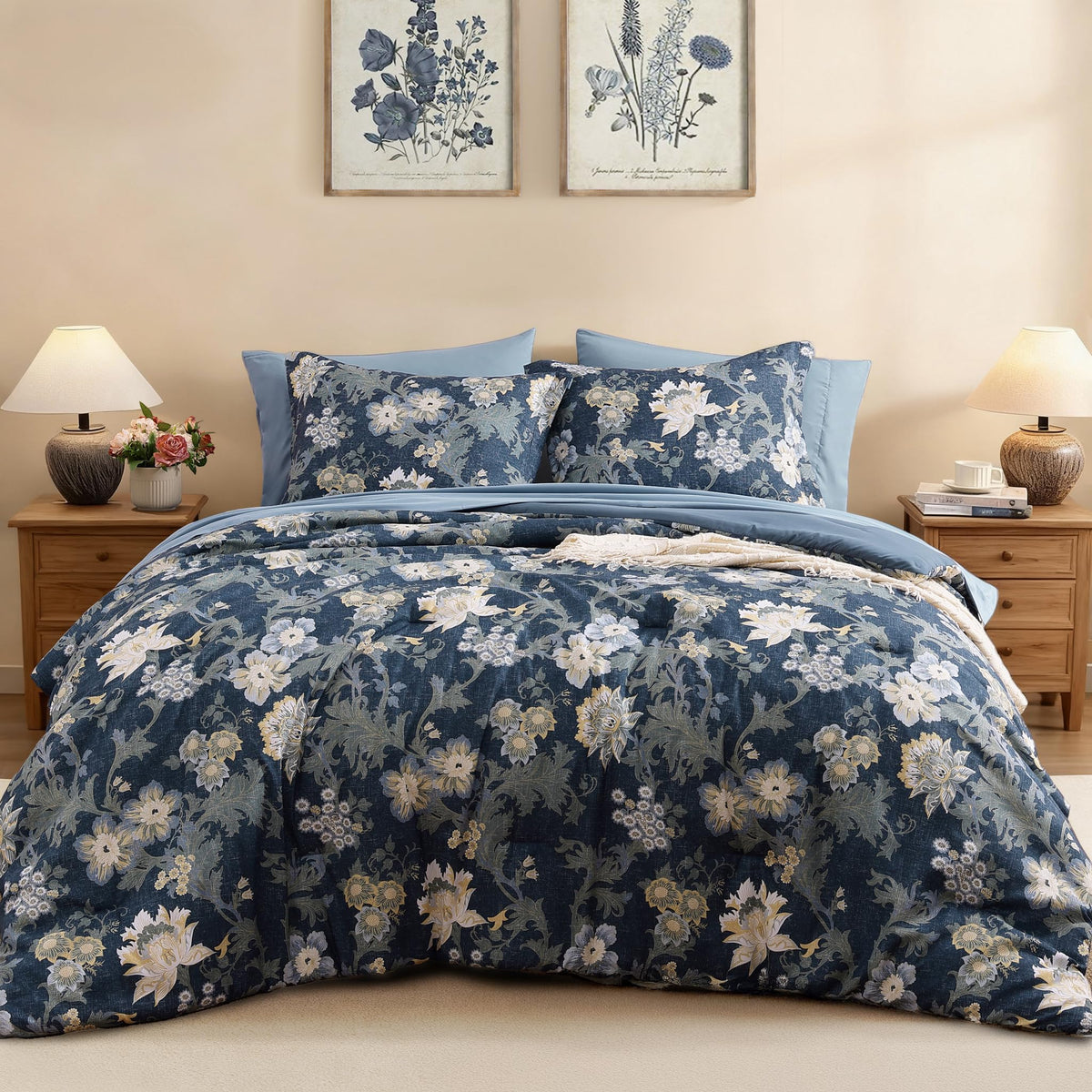 BLOOMHAVEN King Size Comforter Set-7 Pieces Blue Floral Bed in a Bag King