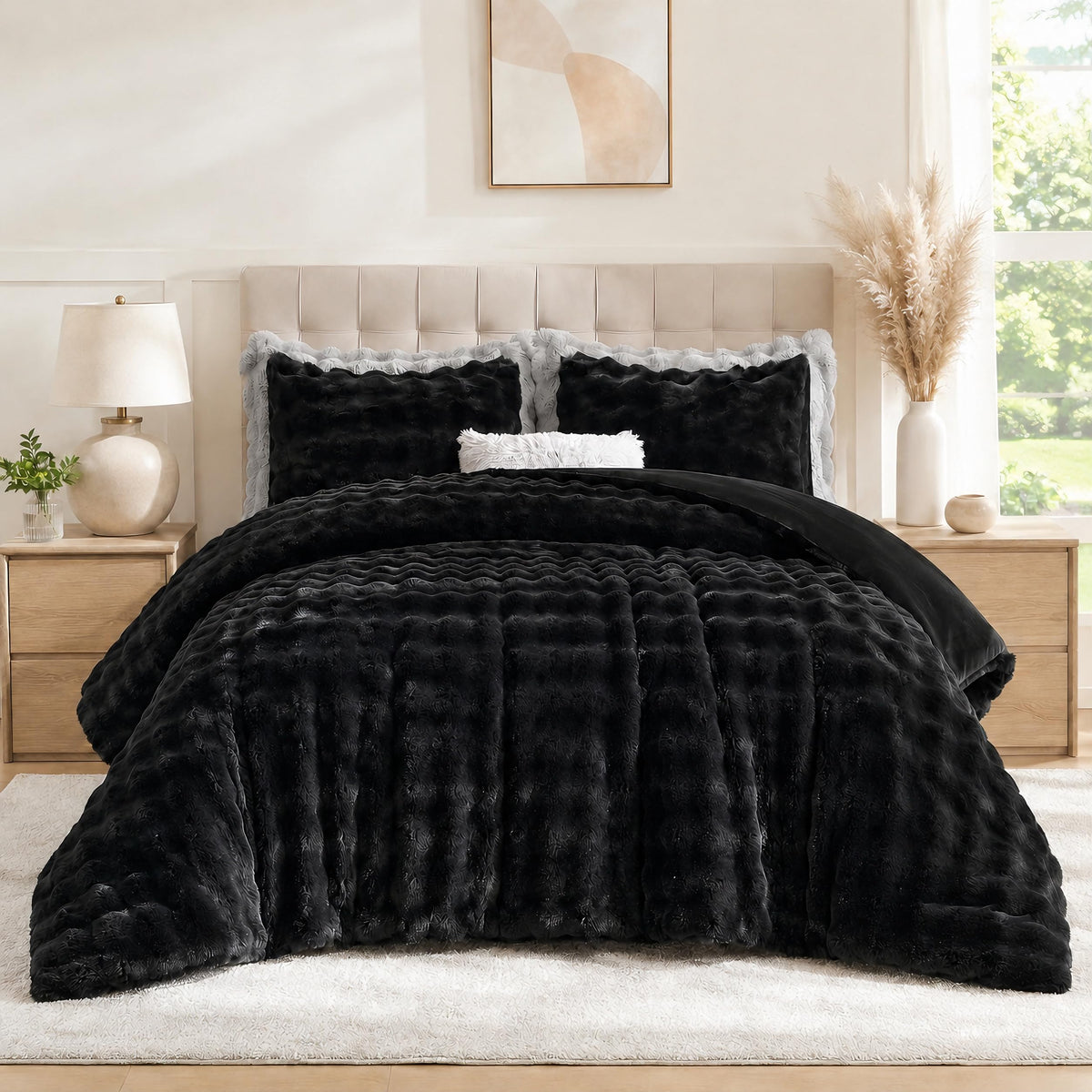 YIKUSH Queen Faux Fur Soft Comforter Set, Fluffy Linen Rabbit Fur Comforter