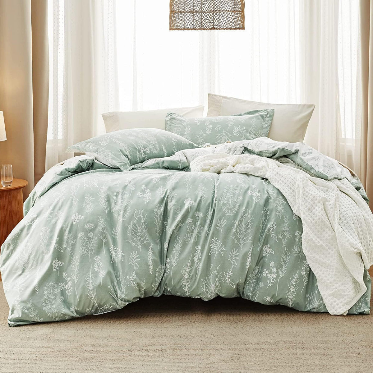 Bedsure Floral Comforter Set Cute Bedding Set California King Sage Green