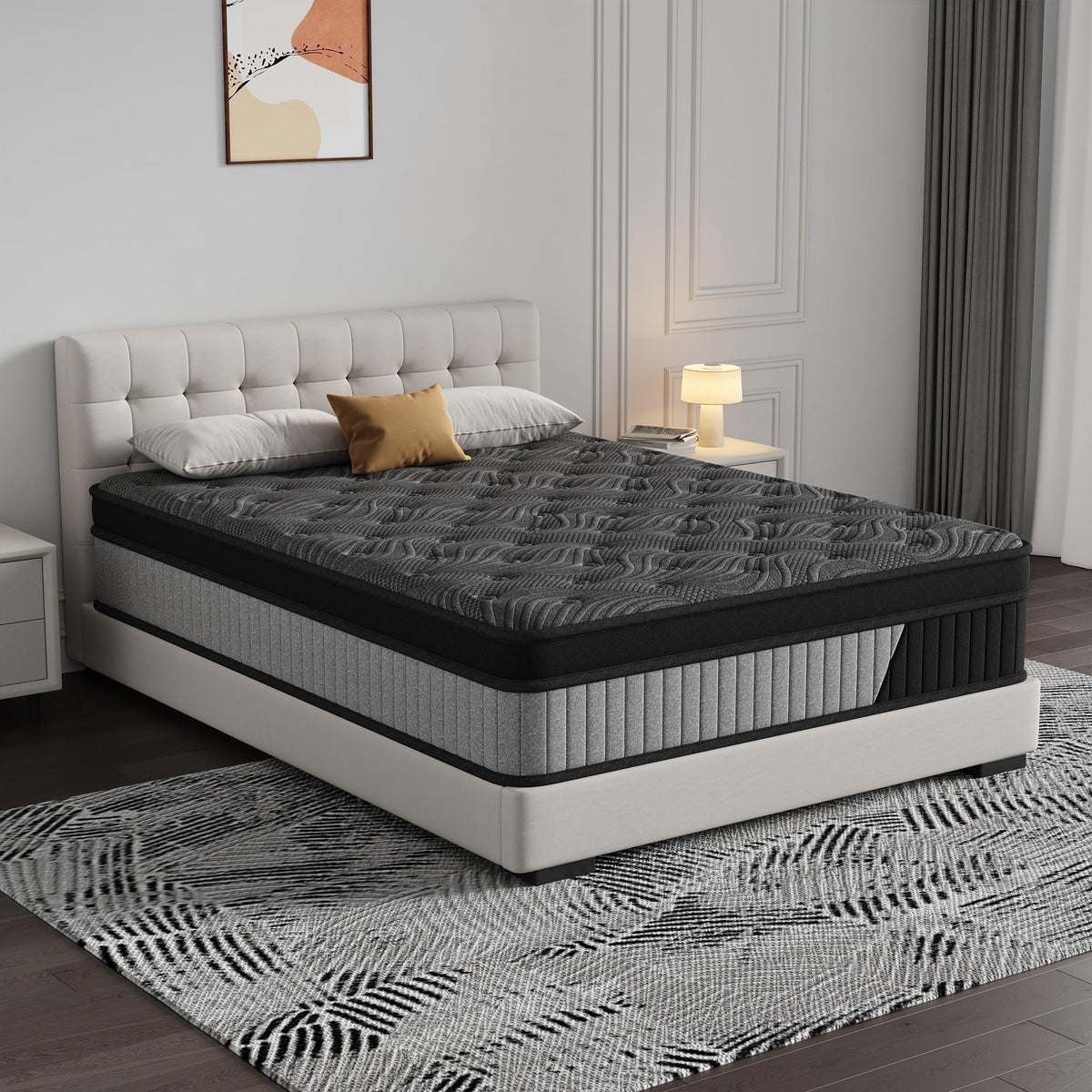Queen Size 14 Inch Hybrid Mattress in a Box, Medium Firm Black and Gray Fabric Cover with Pocket Spring and Memory Foam - Breathable Supportive Cool Sleep for Back Side Stomach Sleepers
