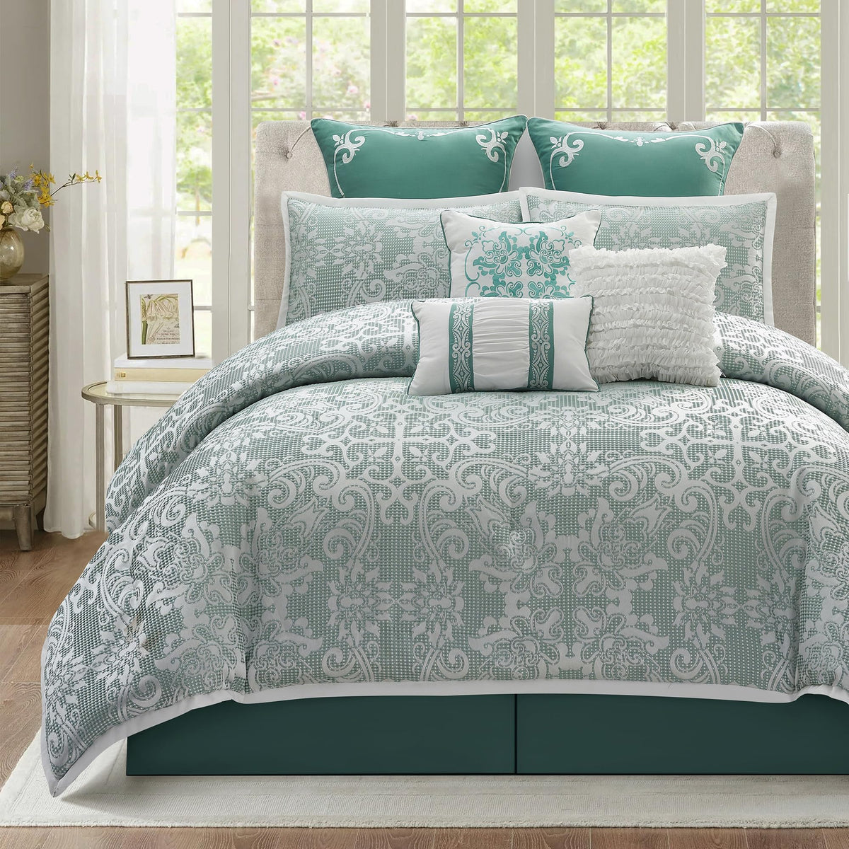 LANCO MODERN LIFESTYLE Taupe California King Comforter Set, Classic Jacquard Floral 14 Pieces Bedding Set, Ultra Soft for All Seasons, Sheets, Bedskirt, Throw,Matching Shams and Decor Pillows
