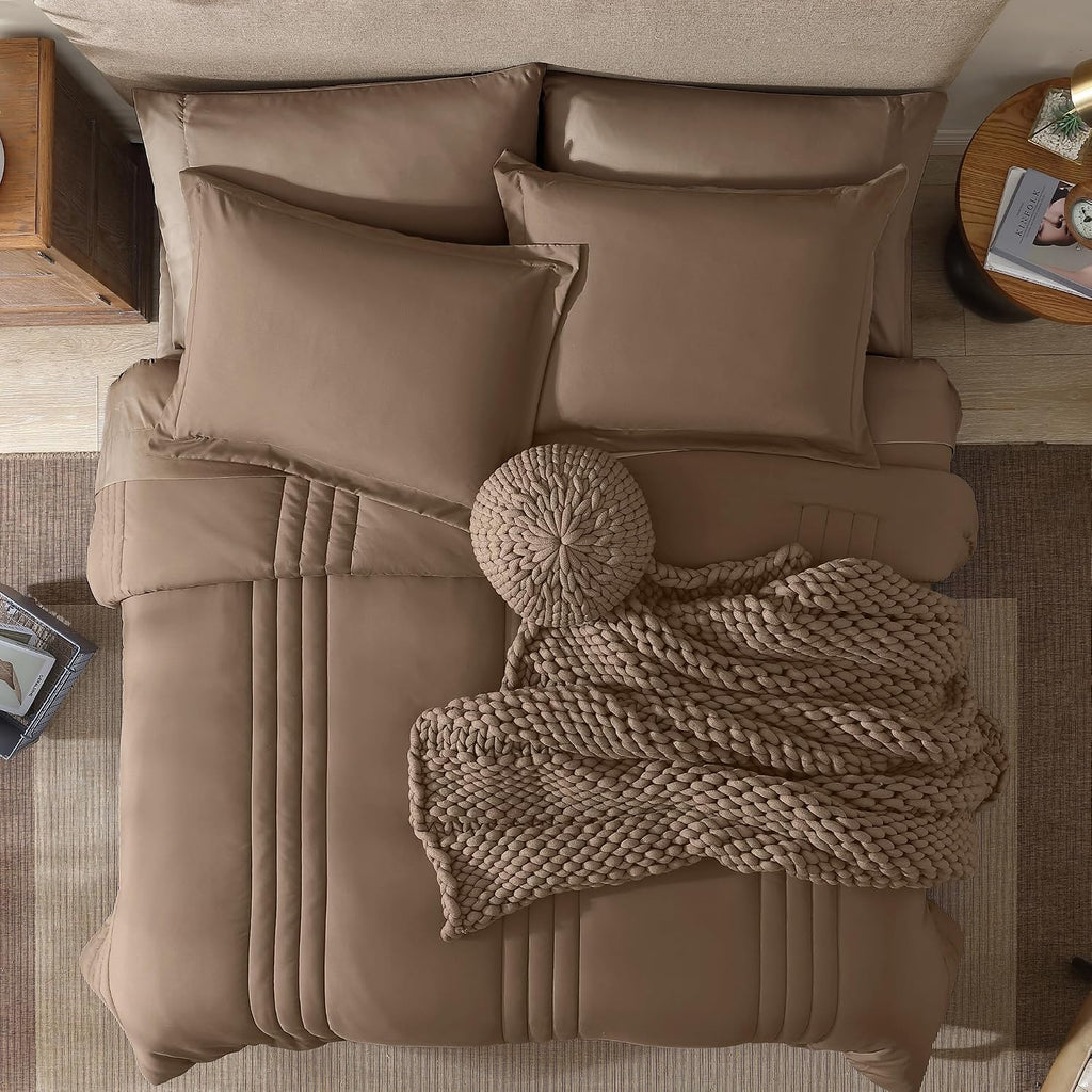King Size Comforter Set-7 Pieces Brown Soft Bed in a Bag King Bedding Sets