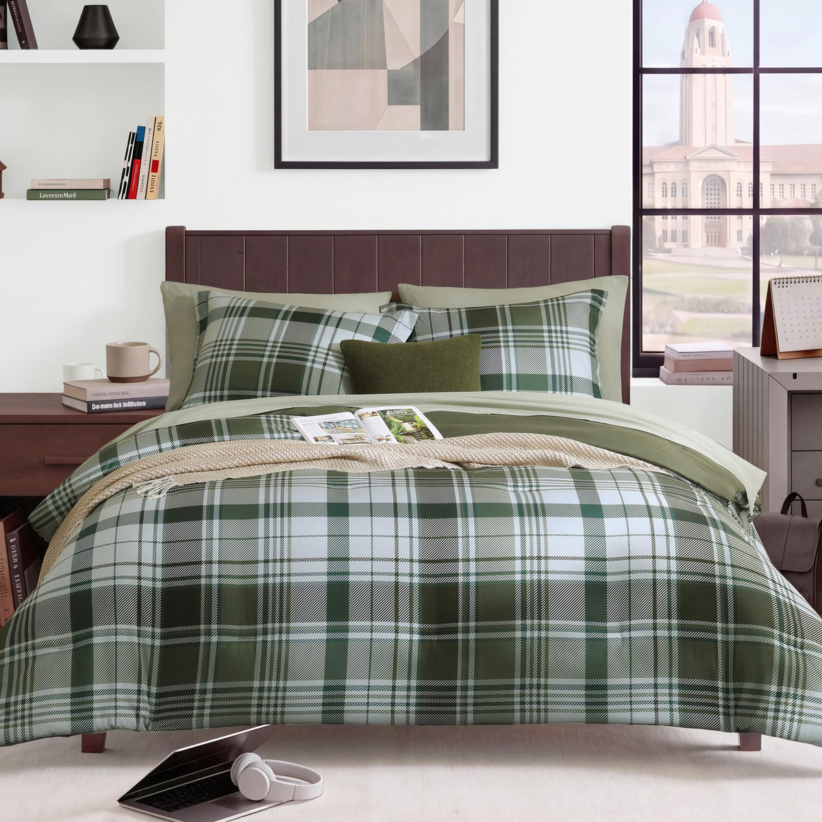 MaiRêve Plaid Queen Comforter Set Navy Blue 7 Pieces Bed in a Bag
