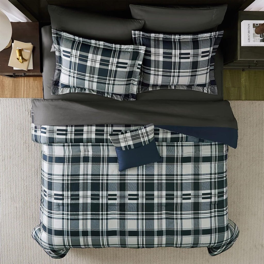 MaiRêve Plaid Queen Comforter Set Navy Blue 7 Pieces Bed in a Bag