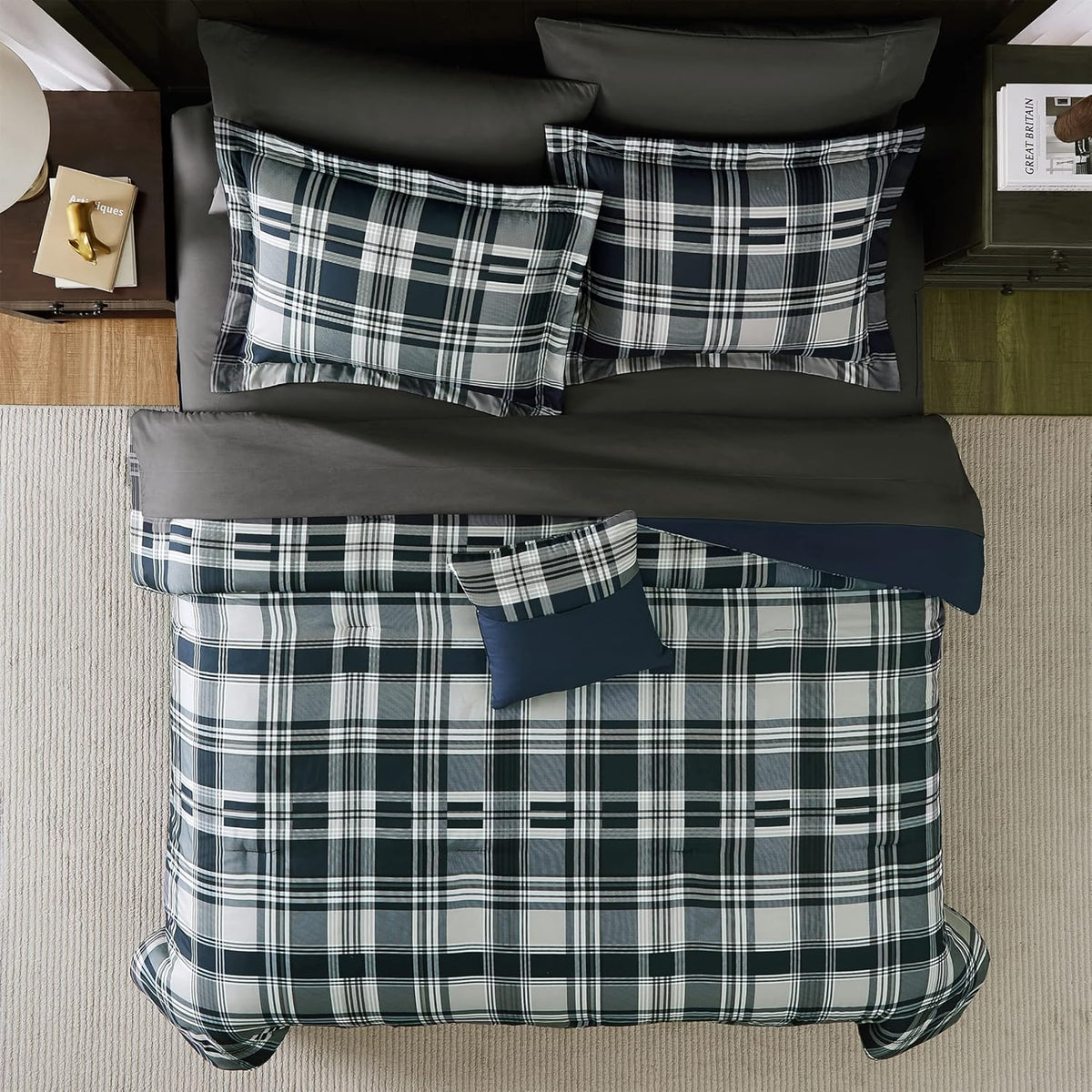 MaiRêve Plaid Queen Comforter Set Navy Blue 7 Pieces Bed in a Bag