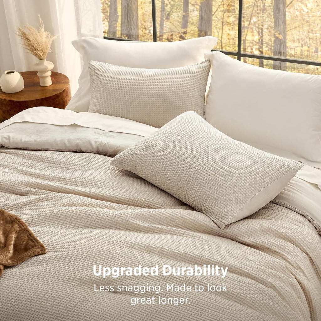 Bedsure Upgraded 3D Waffle Comforter Set King Size, Beige Bedding 3 Pcs