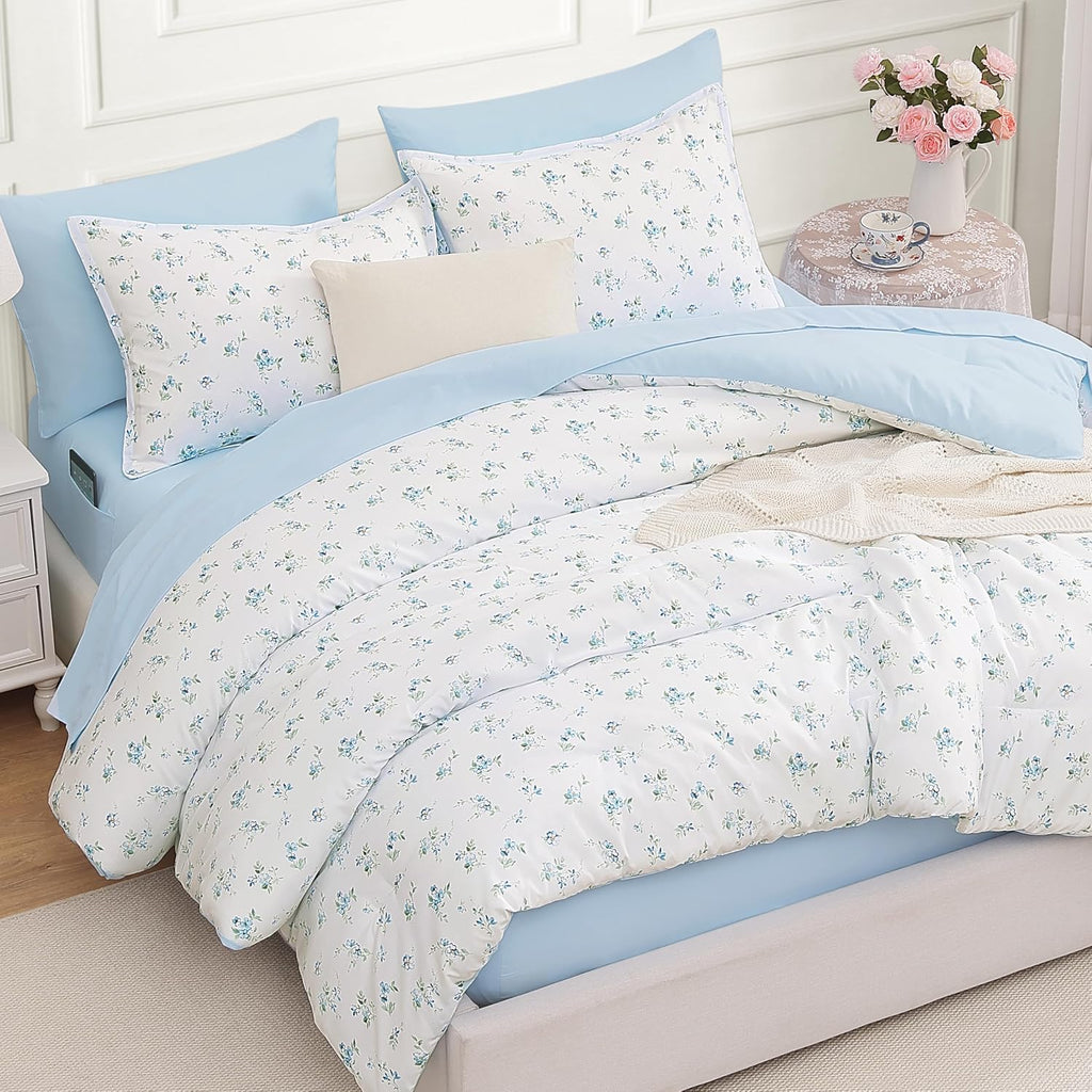 Andency Floral Full Comforter Set, 7 Pieces Cute Blue Coquette Bedding