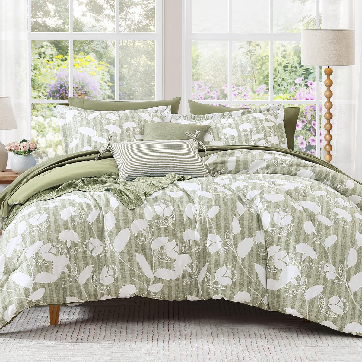 BLOOMHAVEN King Size Comforter Set-7 Pieces Blue Floral Bed in a Bag King
