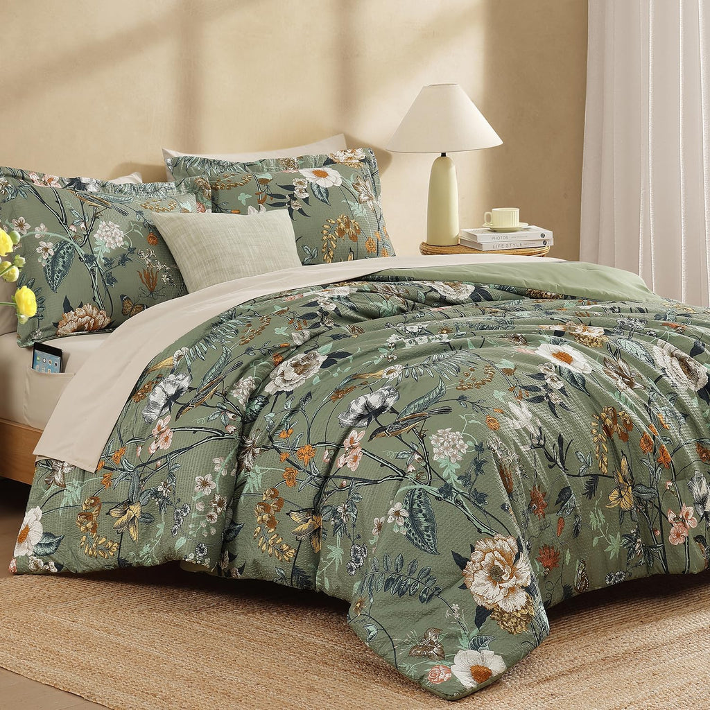 King Size Comforter Set-7 Pieces Floral Green Bed in a Bag King Bedding Set