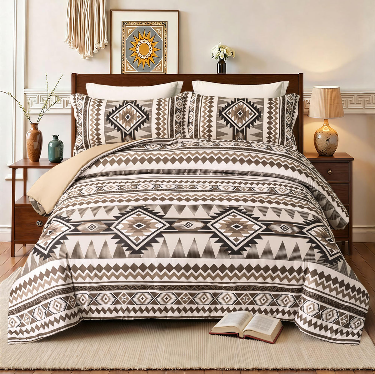 Tyrot Dark Brown King Size Comforter Set – 3 Piece Boho Aztec Western Bedding Sets, Soft Lightweight Comforter for All Seasons, Southwestern Style, 1 Comforter & 2 Pillow Shams