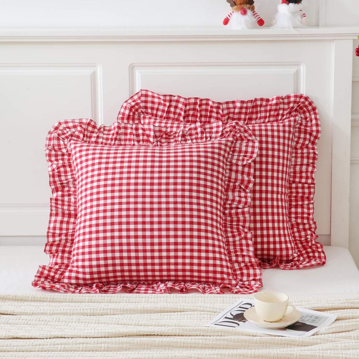 Taupe/White Plaid Ruffled Body Pillow Cover Washed Cotton 20"x54"