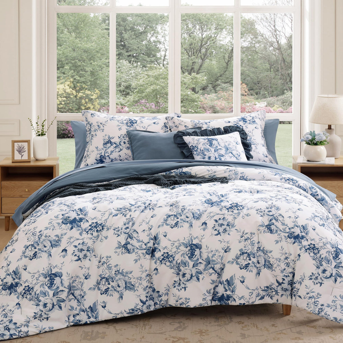 BLOOMHAVEN King Size Comforter Set-7 Pieces Blue Floral Bed in a Bag King