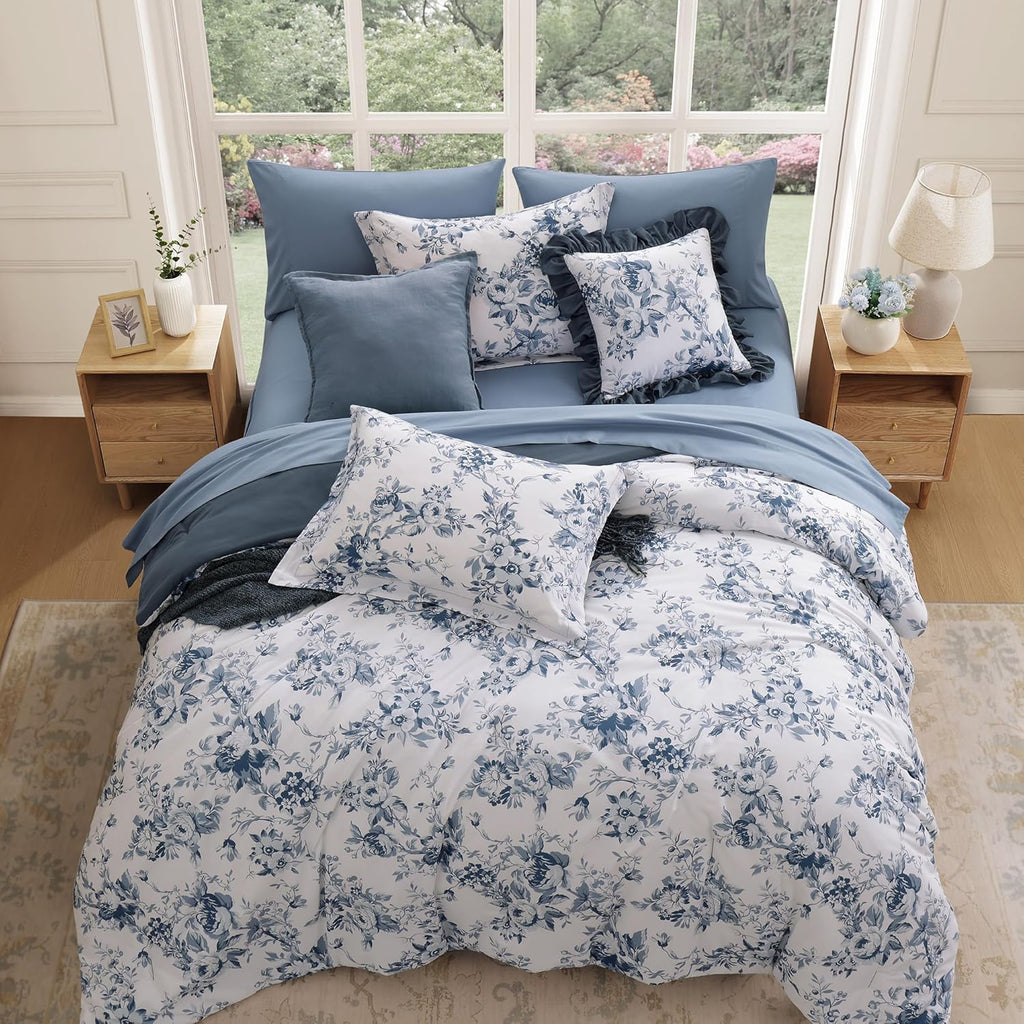 BLOOMHAVEN King Size Comforter Set-7 Pieces Blue Floral Bed in a Bag King