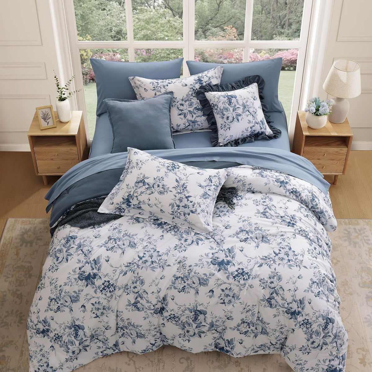 BLOOMHAVEN King Size Comforter Set-7 Pieces Blue Floral Bed in a Bag King