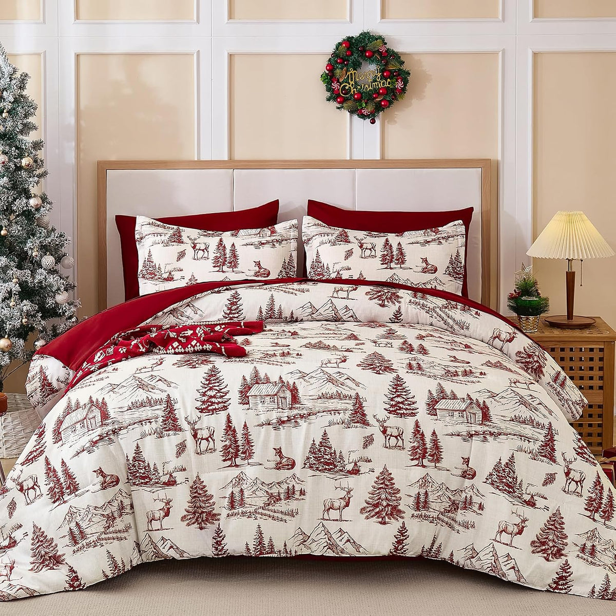 Yiran Red Christmas Comforter Set King, 7 Pieces Xmas Cabin Woods Bedding