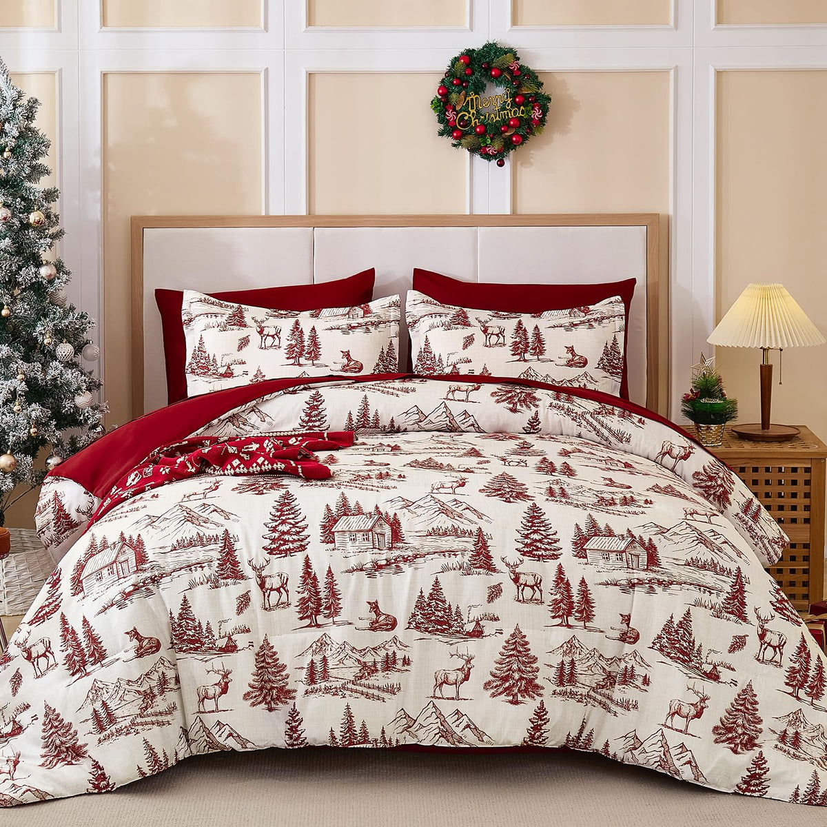 Yiran Red Christmas Comforter Set King, 7 Pieces Xmas Cabin Woods Bedding