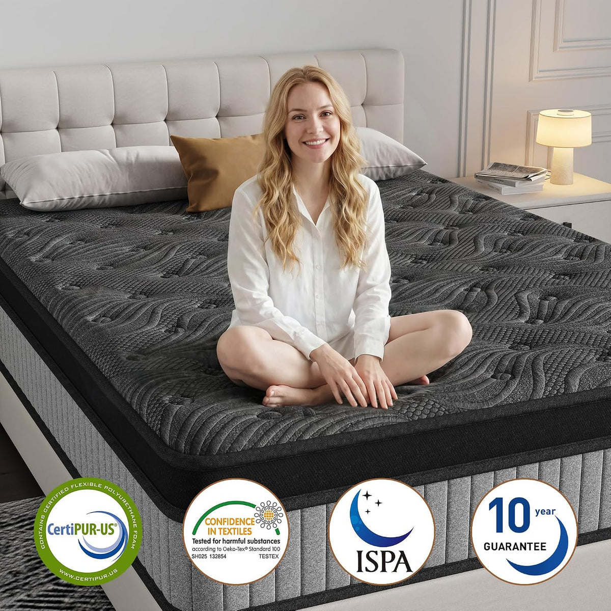 Queen Size 14 Inch Hybrid Mattress in a Box, Medium Firm Black and Gray Fabric Cover with Pocket Spring and Memory Foam - Breathable Supportive Cool Sleep for Back Side Stomach Sleepers