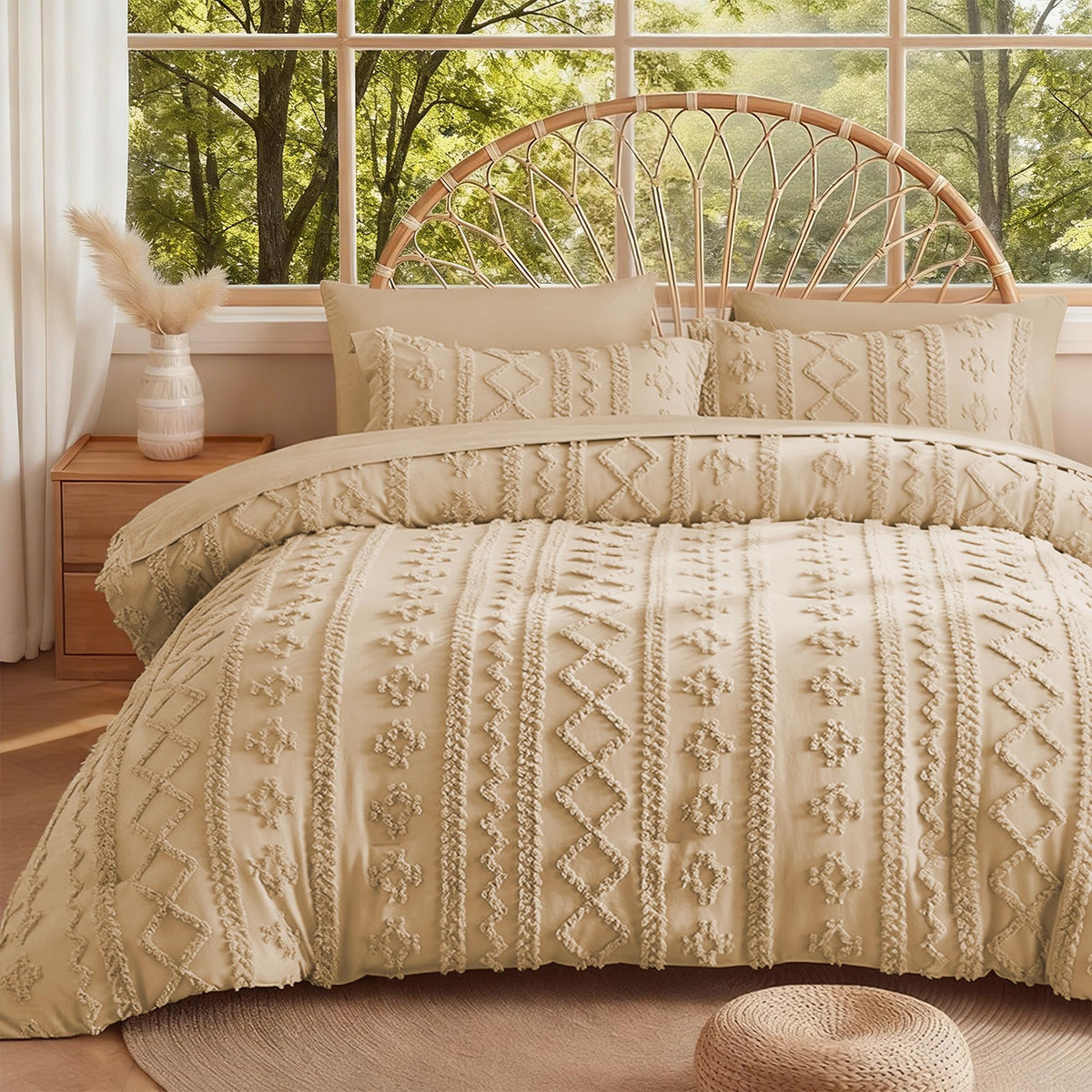 MR&HM Queen Comforter Set 7 Pieces, Fluffy Tufted Boho Beddding Set Beige