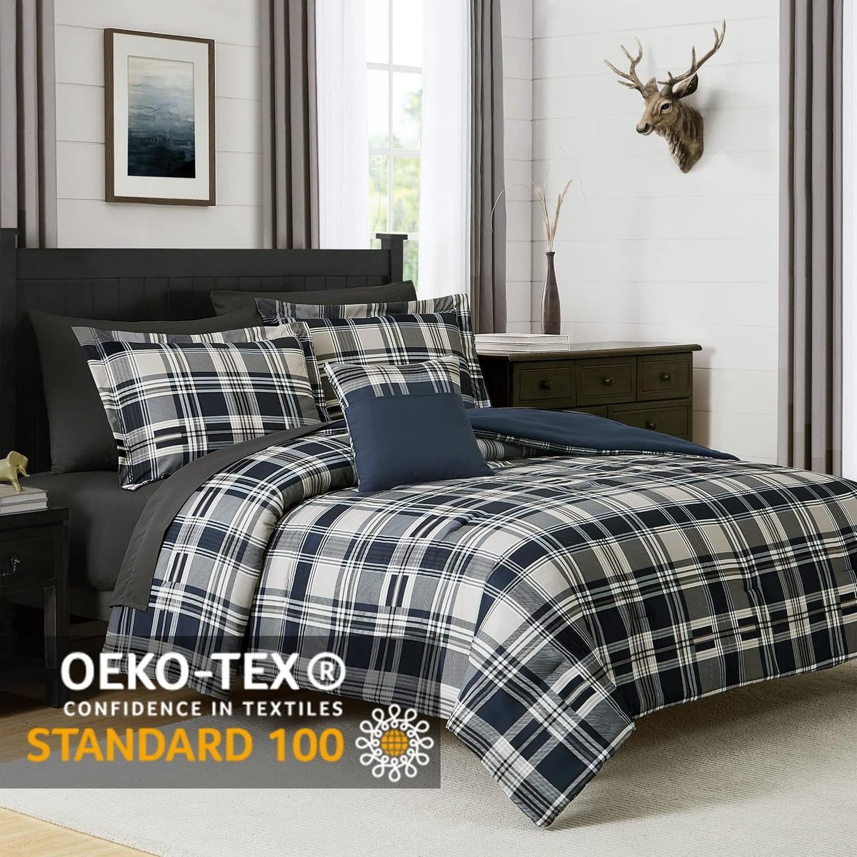MaiRêve Plaid Queen Comforter Set Navy Blue 7 Pieces Bed in a Bag