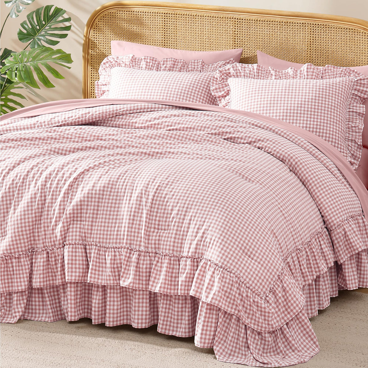 AMBERSPACE Queen Comforter Set White Ruffle 7 Pieces Farmhouse Bed in a Bag