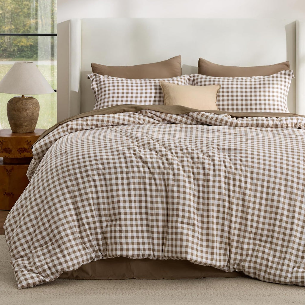 Bedsure Full Comforter Set Brown Gingham, Soft Fall Bed 3 pcs 82"x86"