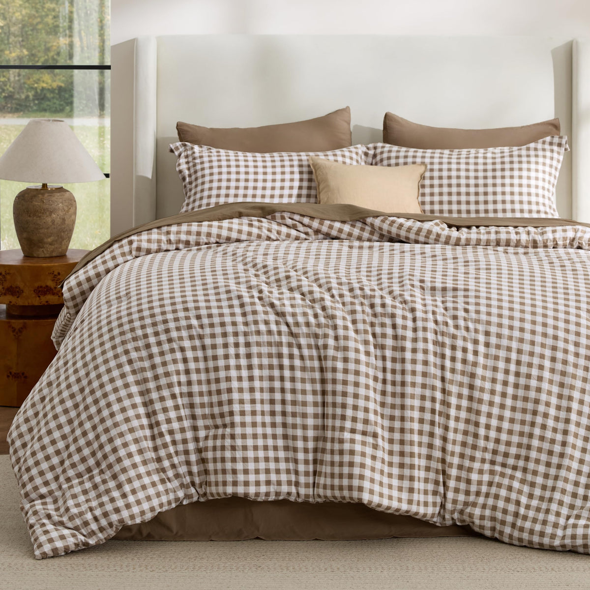 Bedsure Full Comforter Set Brown Gingham, Soft Fall Bed 3 pcs 82"x86"