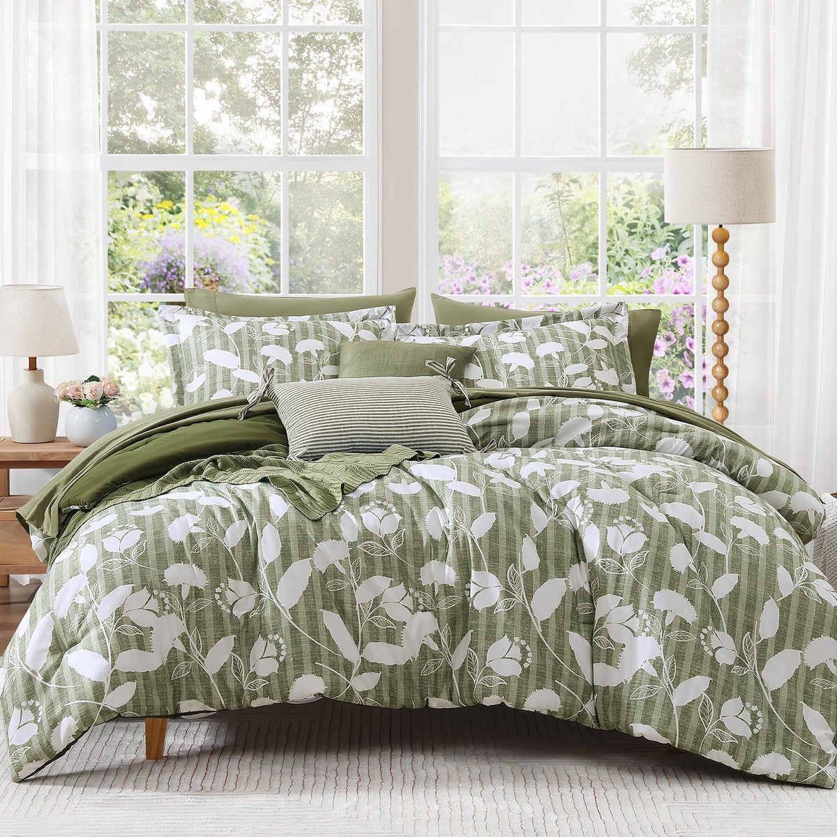 BLOOMHAVEN King Size Comforter Set-7 Pieces Blue Floral Bed in a Bag King