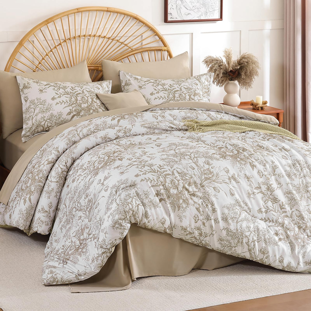 Queen Comforter Set 8 Pieces, Floral Comforter Set Blue, Bed in a Bag Queen