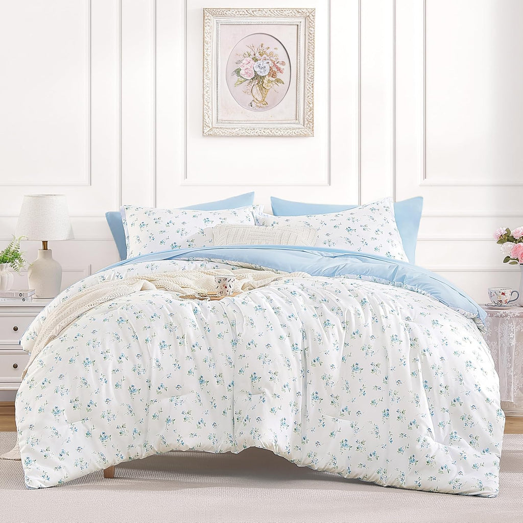 Andency Floral Full Comforter Set, 7 Pieces Cute Blue Coquette Bedding