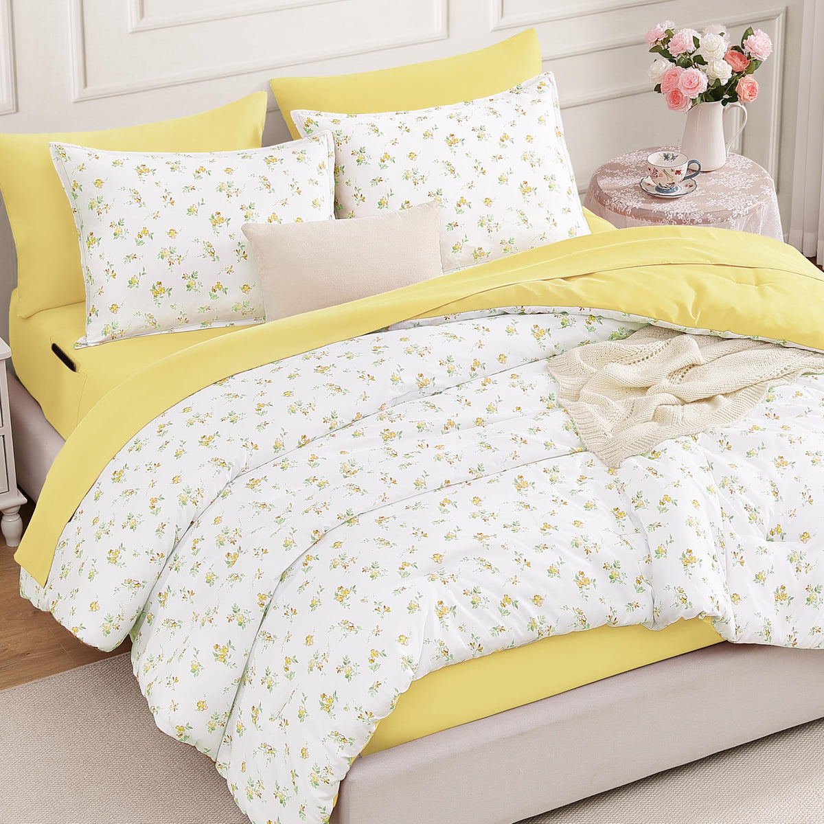 Andency Floral Full Comforter Set, 7 Pieces Cute Blue Coquette Bedding