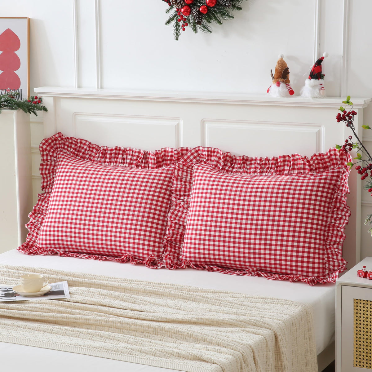 Taupe/White Plaid Ruffled Body Pillow Cover Washed Cotton 20"x54"